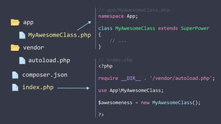 //	
  app/MyAwesomeClass.php	
  
namespace	
  App;	
  
class	
  MyAwesomeClass	
  extends	
  SuperPower	
  
{	
  
	
  	
  	
  	
  //	
  ...	
  
}
MyAwesomeClass.php
app
composer.json
//	
  index.php	
  
<?php	
  
require	
  __DIR__	
  .	
  '/vendor/autoload.php';	
  
use	
  AppMyAwesomeClass;	
  
$awesomeness	
  =	
  new	
  MyAwesomeClass();	
  
?>
autoload.php
vendor
index.php
 