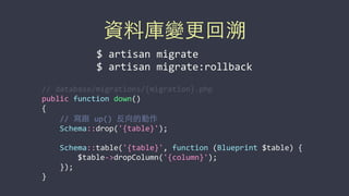 資料庫變更回溯
//	
  database/migrations/{migration}.php	
  
public	
  function	
  down()	
  
{	
  
	
  	
  	
  	
  //	
  寫跟	
  up()	
  反向的動作	
  
	
  	
  	
  	
  Schema::drop('{table}');	
  
	
  	
  	
  	
  Schema::table('{table}',	
  function	
  (Blueprint	
  $table)	
  {	
  
	
  	
  	
  	
  	
  	
  	
  	
  $table-­‐>dropColumn('{column}');	
  
	
  	
  	
  	
  });	
  
}
$	
  artisan	
  migrate	
  
$	
  artisan	
  migrate:rollback
 