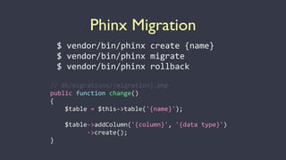 Phinx Migration
$	
  vendor/bin/phinx	
  create	
  {name}	
  
$	
  vendor/bin/phinx	
  migrate	
  
$	
  vendor/bin/phinx	
  rollback
//	
  db/migrations/{migration}.php	
  
public	
  function	
  change()	
  
{	
  
	
  	
  	
  	
  $table	
  =	
  $this-­‐>table('{name}');	
  
	
   	
  
	
  	
  	
  	
  $table-­‐>addColumn('{column}',	
  '{data	
  type}')	
  
	
  	
  	
  	
  	
  	
  	
  	
  	
  	
  -­‐>create();	
  
}
 