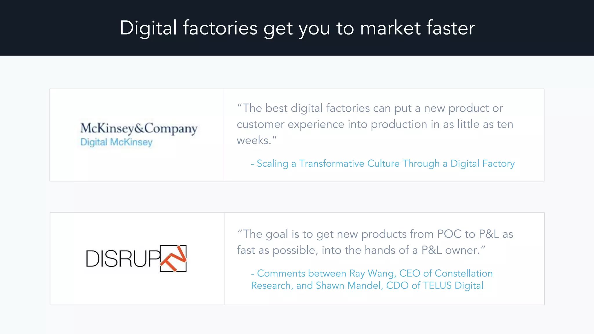 Digital factories get you to market faster
“The best digital factories can put a new product or
customer experience into production in as little as ten
weeks.”
- Scaling a Transformative Culture Through a Digital Factory
“The goal is to get new products from POC to P&L as
fast as possible, into the hands of a P&L owner.”
- Comments between Ray Wang, CEO of Constellation
Research, and Shawn Mandel, CDO of TELUS Digital
 