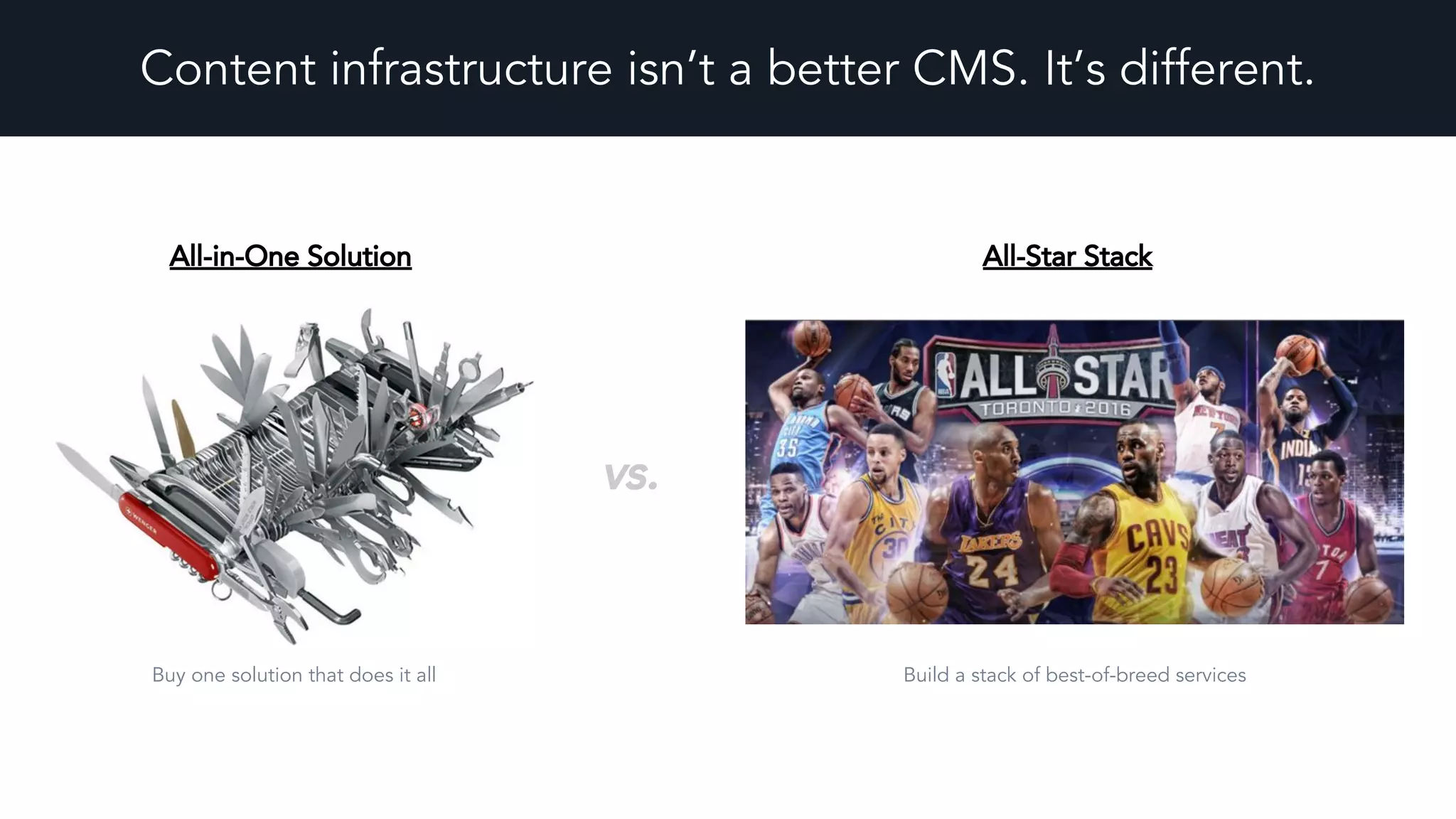 Content infrastructure isn’t a better CMS. It’s different.
All-in-One Solution All-Star Stack
vs.
Build a stack of best-of-breed servicesBuy one solution that does it all
 
