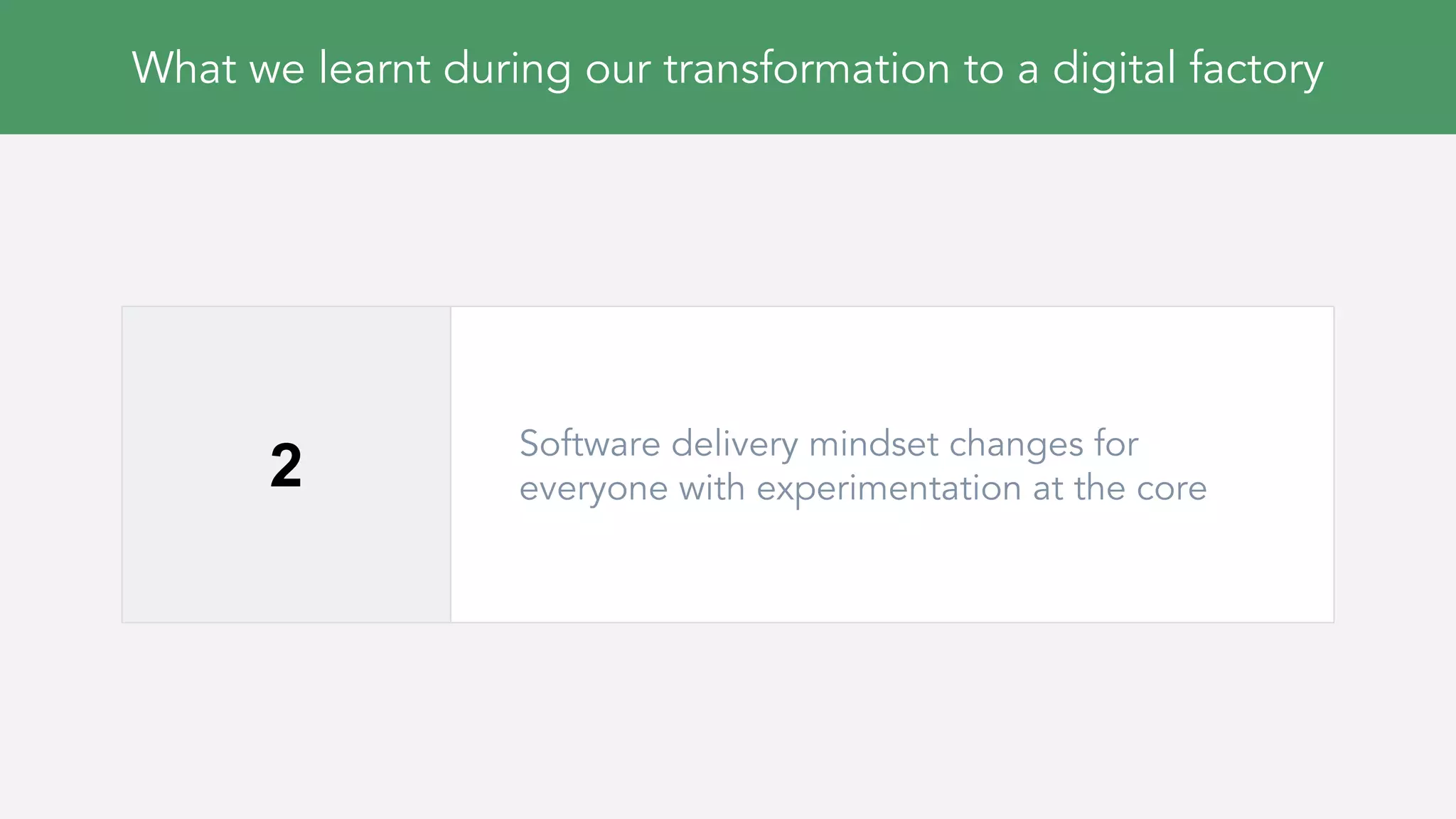 What we learnt during our transformation to a digital factory
2
Software delivery mindset changes for
everyone with experimentation at the core
 