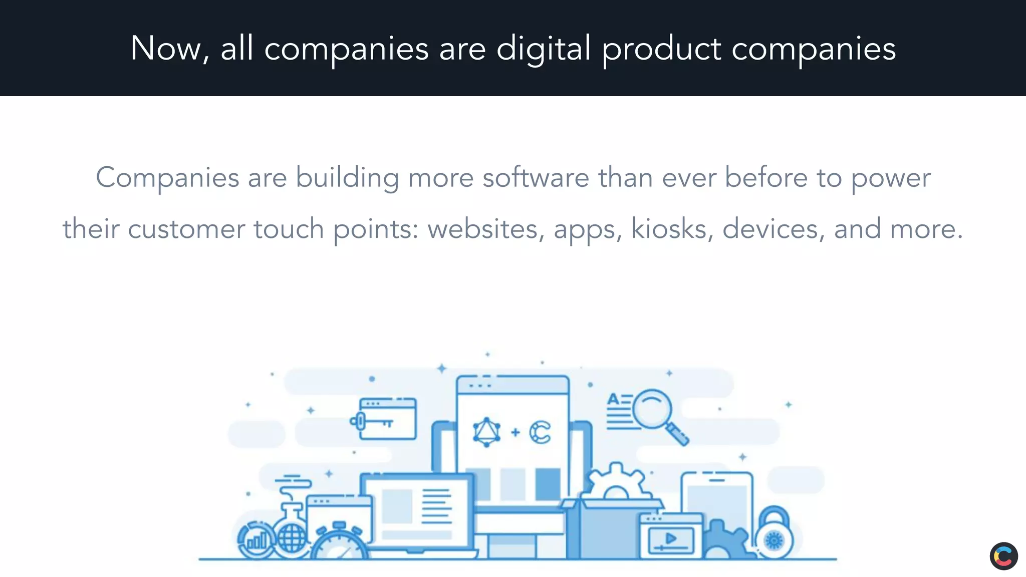 Now, all companies are digital product companies
Companies are building more software than ever before to power
their customer touch points: websites, apps, kiosks, devices, and more.
 