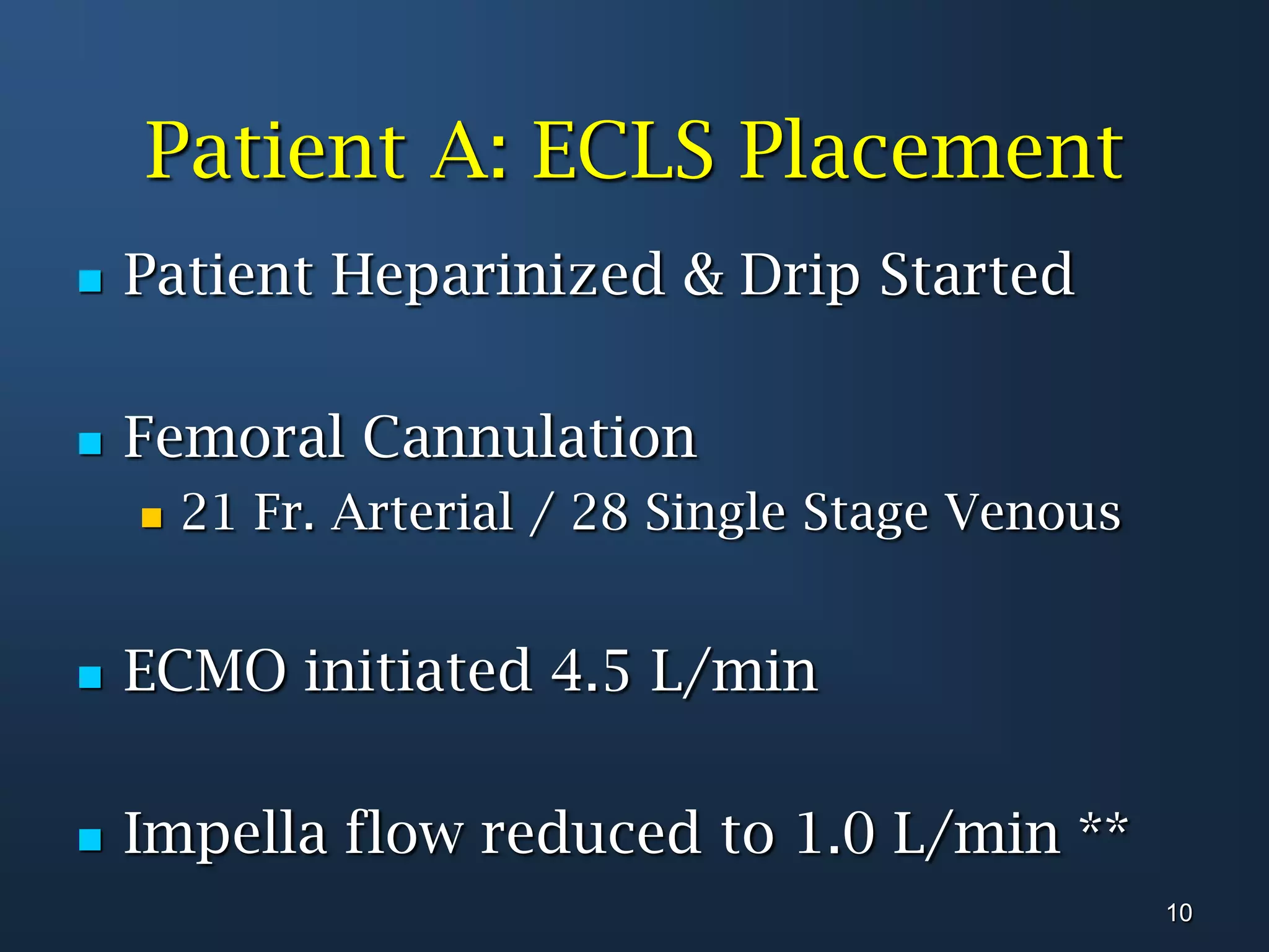 Patient A: ECLS PlacementPatient Heparinized & Drip StartedFemoral Cannulation21 Fr. Arterial / 28 Single Stage VenousECMO initiated 4.5 L/minImpella flow reduced to 1.0 L/min **10