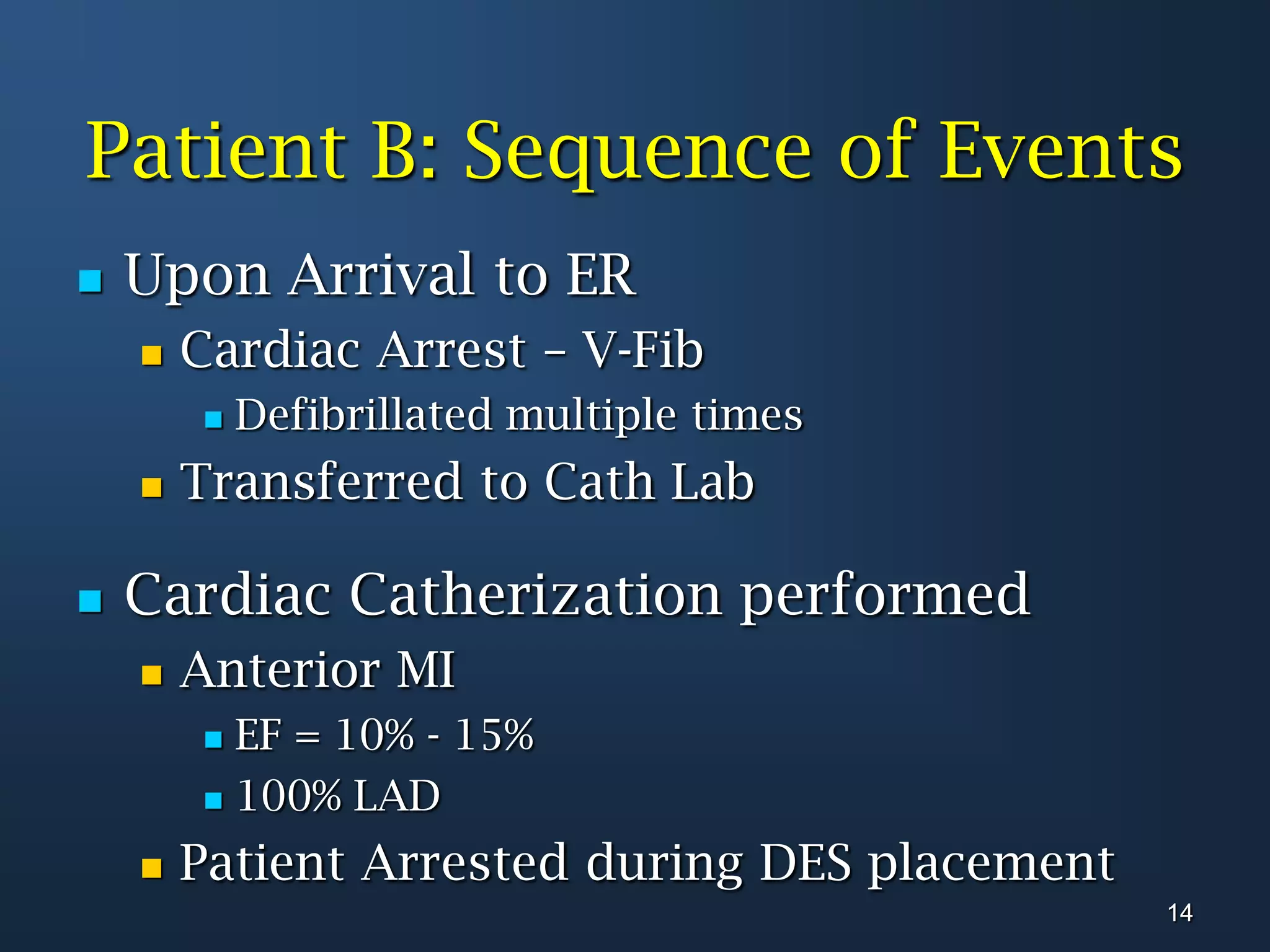 Patient B: Sequence of EventsUpon Arrival to ER Cardiac Arrest – V-FibDefibrillated multiple timesTransferred to Cath LabCardiac Catherization performed Anterior MIEF = 10% - 15%100% LADPatient Arrested during DES placement14