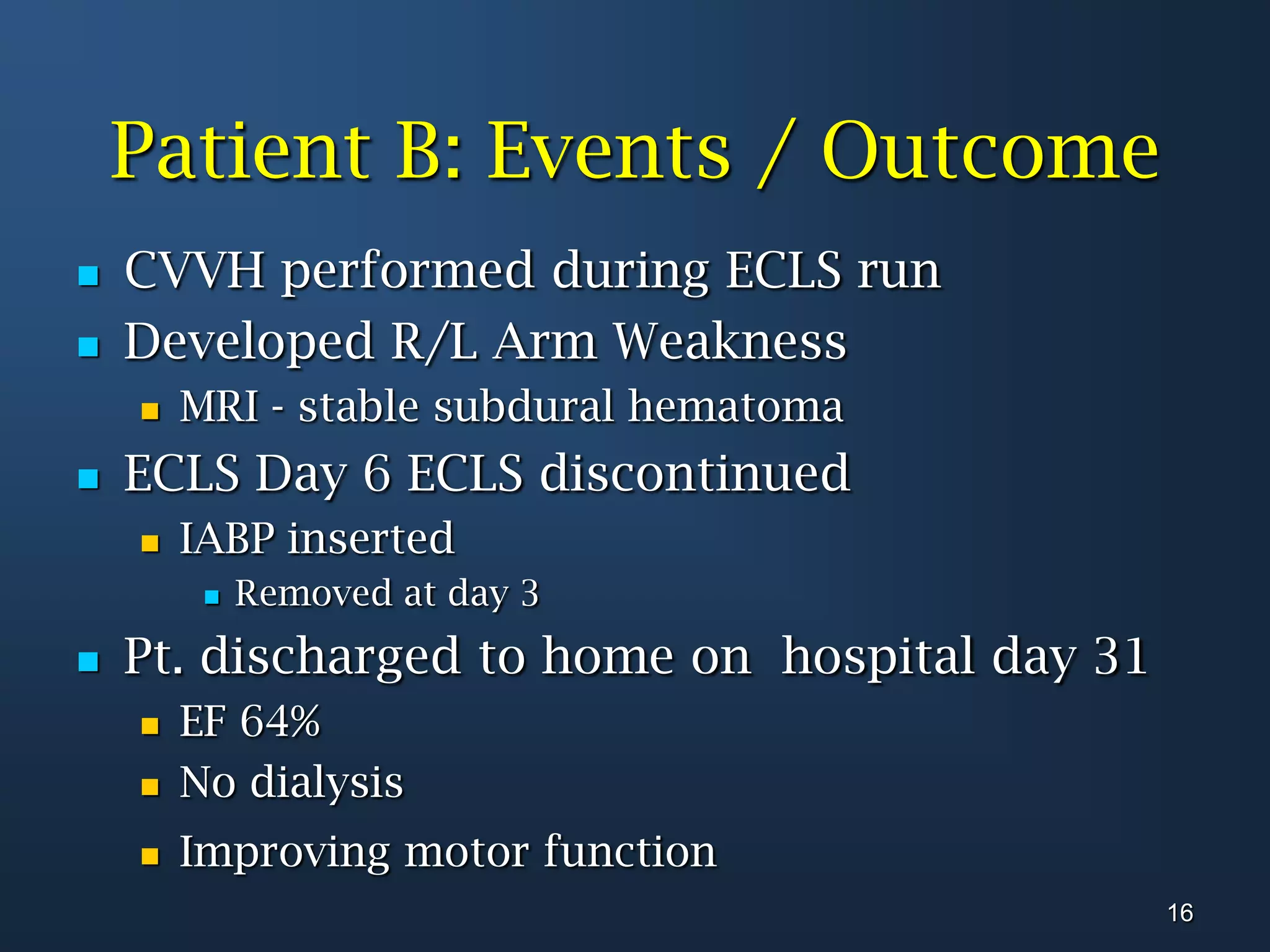 Patient B: Events / OutcomeCVVH performed during ECLS runDevelopedR/L Arm Weakness MRI - stable subdural hematomaECLS Day 6 ECLS discontinuedIABP insertedRemoved at day 3Pt. discharged to home on  hospital day 31EF 64%No dialysisImproving motor function16