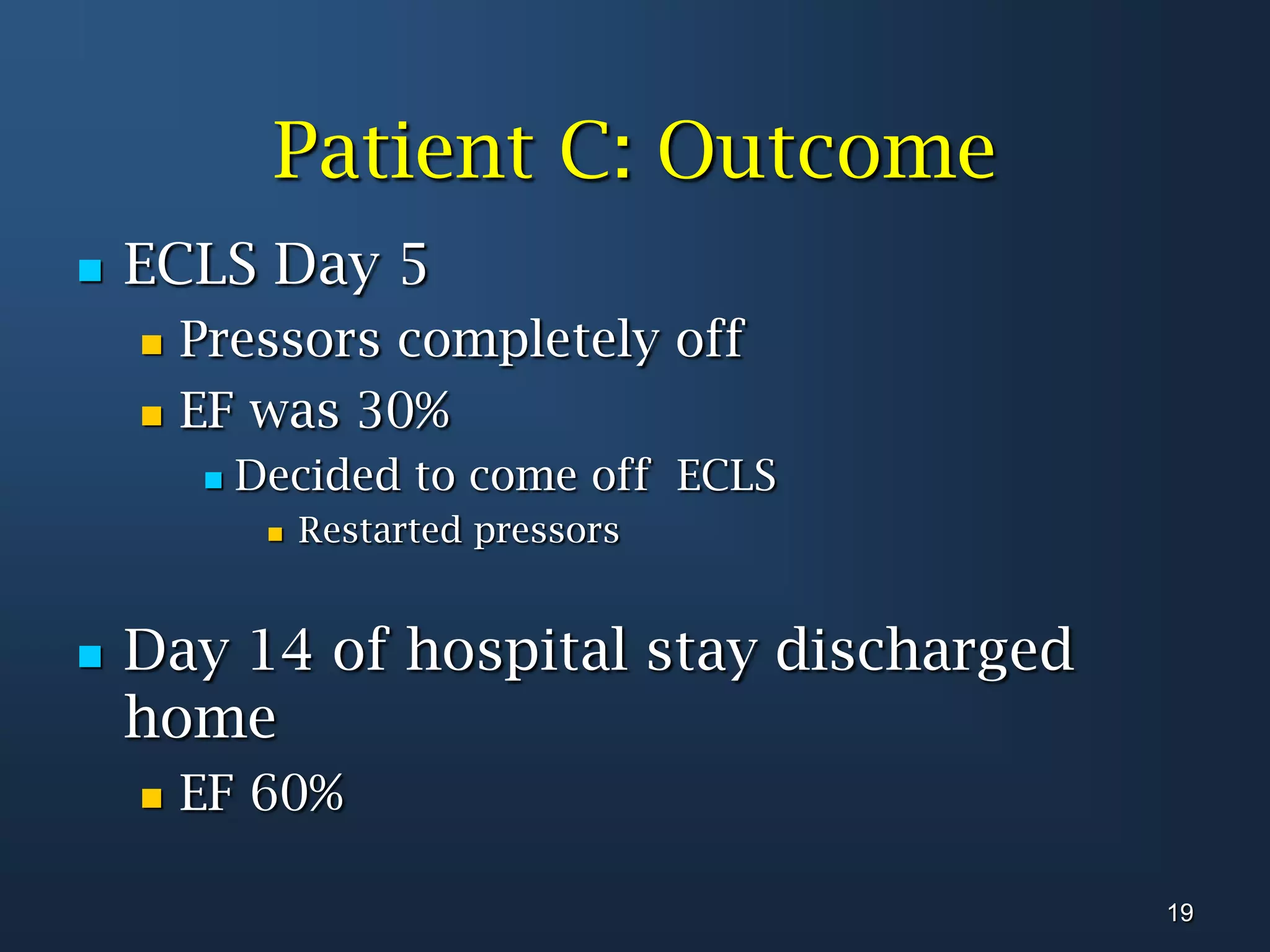 Patient C: OutcomeECLS Day 5Pressors completely offEF was 30%Decided to come off  ECLSRestarted pressorsDay 14 of hospital stay discharged homeEF 60%19