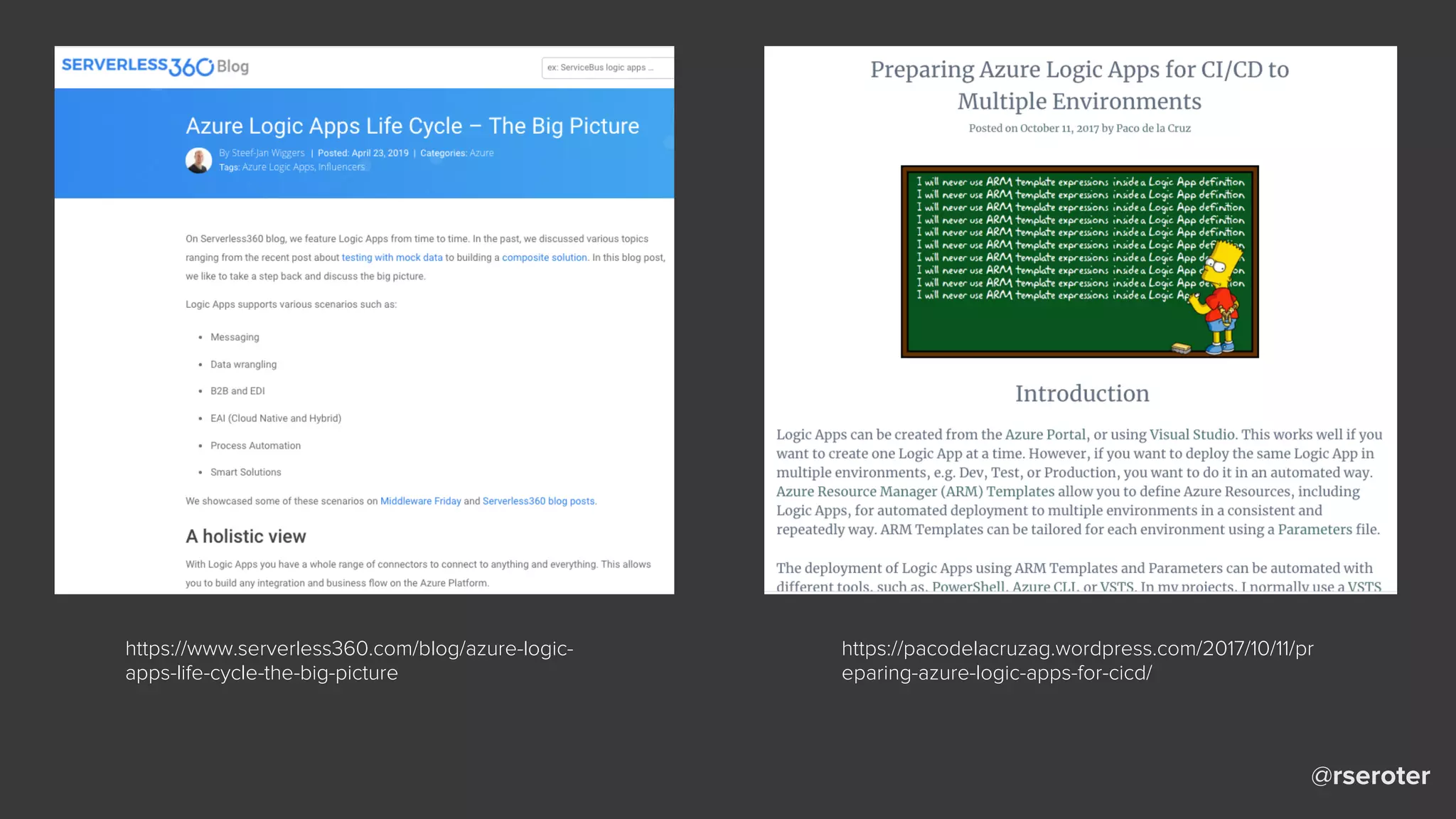 @rseroter
https://www.serverless360.com/blog/azure-logic-
apps-life-cycle-the-big-picture
https://pacodelacruzag.wordpress.com/2017/10/11/pr
eparing-azure-logic-apps-for-cicd/
 