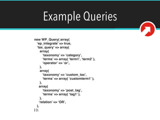Example Queries
new WP_Query( array( 
‘ep_integrate’ => true, 
‘tax_query’ => array( 
array( 
‘taxonomy’ => ‘category’, 
‘terms’ => array( ‘term1’, ‘term2’ ), 
‘operator’ => ‘or’, 
), 
array( 
‘taxonomy’ => ‘custom_tax’, 
‘terms’ => array( ‘customterm1’ ), 
), 
array( 
‘taxonomy’ => ‘post_tag’, 
‘terms’ => array( ‘tag1’ ), 
), 
‘relation’ => ‘OR’, 
), 
) );
 