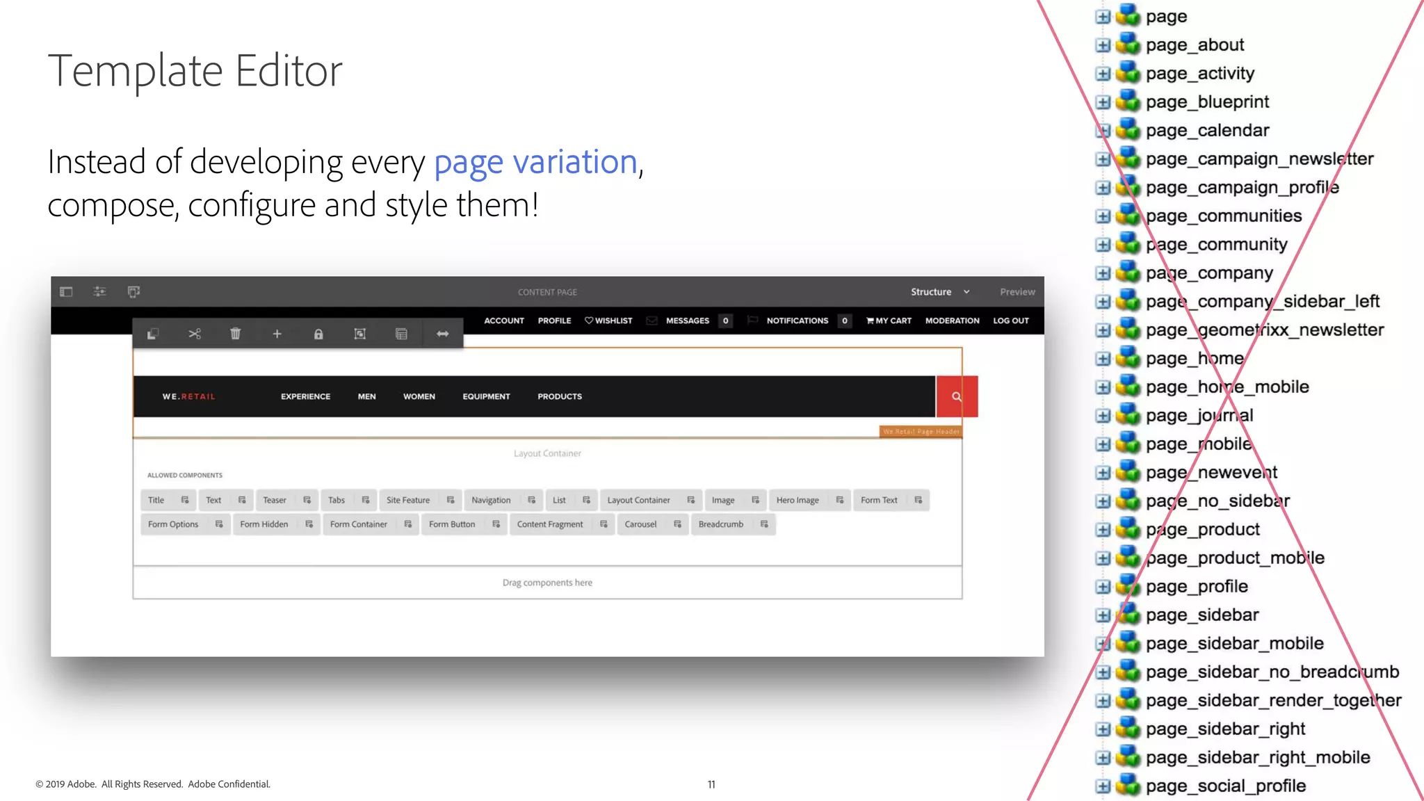 © 2019 Adobe. All Rights Reserved. Adobe Confidential. 11
Template Editor
Instead of developing every page variation,
compose, configure and style them!
 