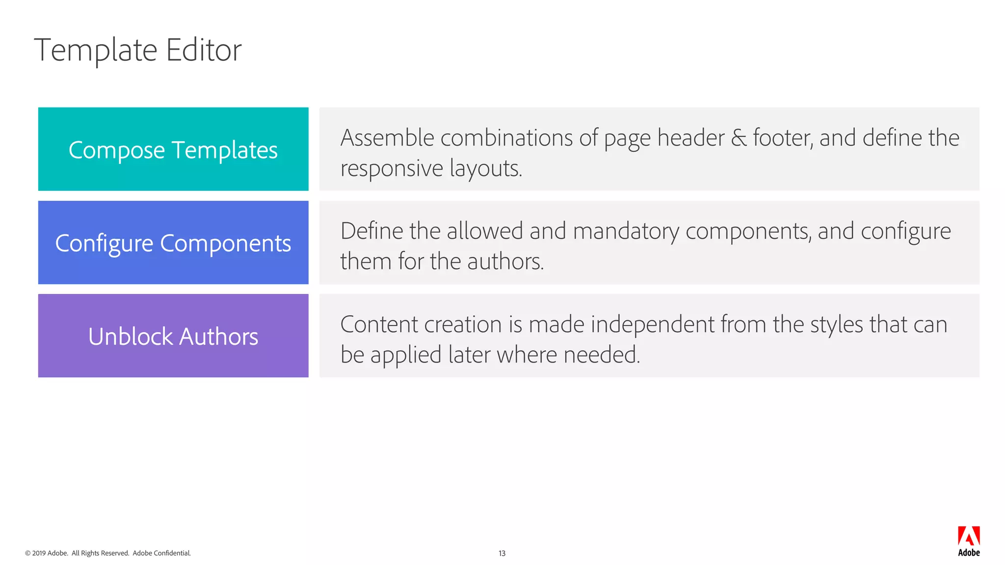 © 2019 Adobe. All Rights Reserved. Adobe Confidential. 13
Template Editor
Assemble combinations of page header & footer, and define the
responsive layouts.
Define the allowed and mandatory components, and configure
them for the authors.
Content creation is made independent from the styles that can
be applied later where needed.
Compose Templates
Configure Components
Unblock Authors
 
