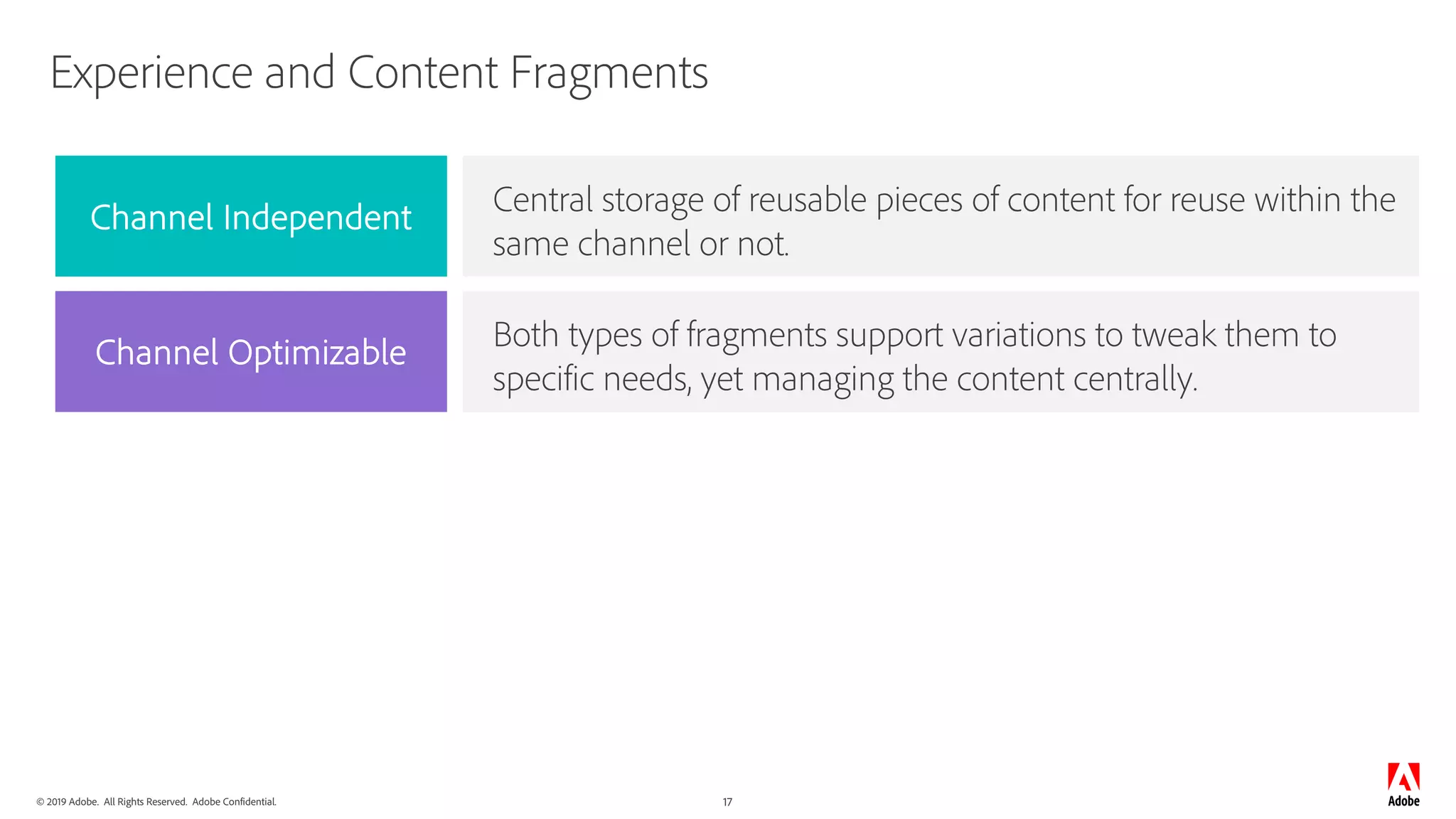 © 2019 Adobe. All Rights Reserved. Adobe Confidential. 17
Experience and Content Fragments
Central storage of reusable pieces of content for reuse within the
same channel or not.
Both types of fragments support variations to tweak them to
specific needs, yet managing the content centrally.
Channel Independent
Channel Optimizable
 