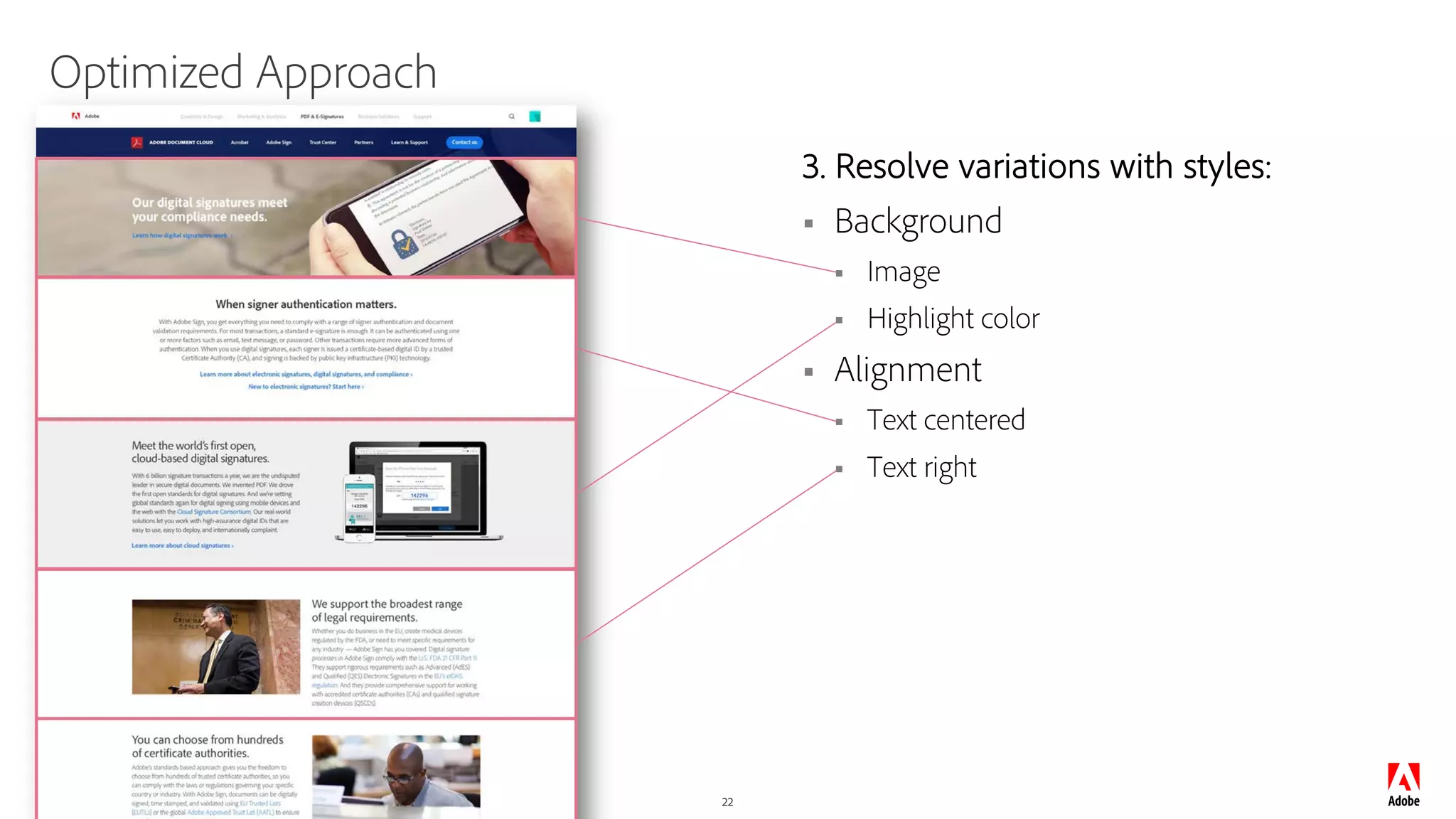 © 2019 Adobe. All Rights Reserved. Adobe Confidential. 22
Optimized Approach
3. Resolve variations with styles:
§ Background
§ Image
§ Highlight color
§ Alignment
§ Text centered
§ Text right
 