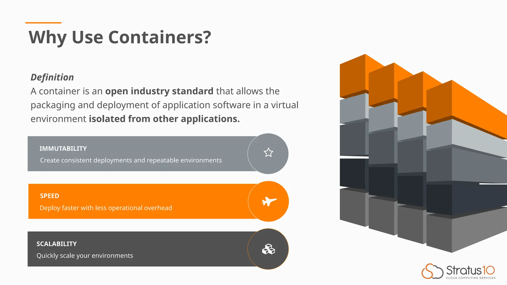 IMMUTABILITY
Create consistent deployments and repeatable environments
SPEED
Deploy faster with less operational overhead
SCALABILITY
Quickly scale your environments
Why Use Containers?
Definition
A container is an open industry standard that allows the
packaging and deployment of application software in a virtual
environment isolated from other applications.
 