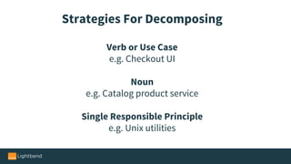Strategies For Decomposing
Verb or Use Case
e.g. Checkout UI
Noun
e.g. Catalog product service
Single Responsible Principle
e.g. Unix utilities
 