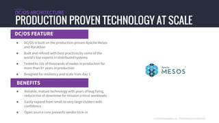 DC/OS FEATURE
PRODUCTION PROVEN TECHNOLOGY AT SCALE
DC/OS ARCHITECTURE
BENEFITS
© 2016 Mesosphere, Inc. Proprietary & Confidential
● DC/OS is built on the production-proven Apache Mesos
and Marathon
● Built and refined with best practices by some of the
world's top experts in distributed systems
● Tested to 10s of thousands of nodes in production for
more than 6+ years in production
● Designed for resiliency and scale from day 1
● Reliable, mature technology with years of bug fixing,
reduce risk of downtime for mission critical workloads
● Easily expand from small to very large clusters with
confidence
● Open source core prevents vendor lock-in
 