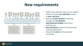 New requirements
• Rather than acting on data at rest, modern
software increasingly operates on data
in near real-time. 
• Shortened time-frames for putting
changes into production
• New business models evolve from
existing ones
• New questions need to be answered by
existing applications
• Datacenter costs need to go down
constantly
 