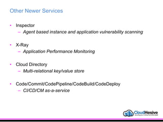 Other Newer Services
• Inspector
– Agent based instance and application vulnerability scanning
• X-Ray
– Application Performance Monitoring
• Cloud Directory
– Multi-relational key/value store
• Code/Commit/CodePipeline/CodeBuild/CodeDeploy
– CI/CD/CM as-a-service
 