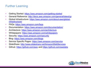 Further Learning
• Getting Started: https://aws.amazon.com/getting-started
• General Reference: http://docs.aws.amazon.com/general/latest/gr
• Global Infrastructure: https://aws.amazon.com/about-aws/global-
infrastructure/
• FAQs: https://aws.amazon.com/faqs
• Documentation: https://aws.amazon.com/documentation/
• Architecture: https://aws.amazon.com/architecture
• Whitepapers: https://aws.amazon.com/whitepapers
• Security: https://aws.amazon.com/security
• Blog: https://aws.amazon.com/blogs
• Service Specific Pages: https://aws.amazon.com/service
• SlideShare: http://www.slideshare.net/AmazonWebServices
• Github: https://github.com/aws and https://github.com/awslabs
 