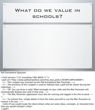 What do we value in
schools?
Poll Everywhere Question
<?xml version="1.0" encoding="ISO-8859-1" ?>
<poll url="http://www.polleverywhere.com/free_text_polls/LTE5MTk1MTU5NDM">
<!-- This snippet was inserted via the Poll Everywhere Mac Presenter -->
<!-- The presence of this snippet is used to indicate that a poll will be shown during the
slideshow -->
<!-- TIP: You can draw a solid, ﬁlled rectangle on your slide and the Mac Presenter will
automatically display your poll in that area. -->
<!-- The Mac Presenter application must also be running and logged in for this to work. --
>
<!-- To remove this, simply delete it from the notes yourself or use the Mac Presenter to
remove it for you. -->
<title>If you could create the ideal school, what are some ideas, concepts, or characteristics
that you would include?</title>
</poll>
 