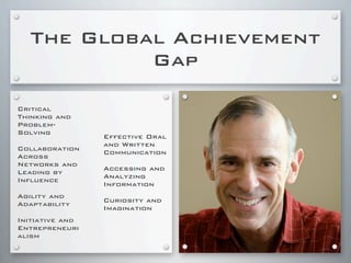 The Global Achievement
Gap
Critical
Thinking and
Problem-
Solving
Collaboration
Across
Networks and
Leading by
Influence
Agility and
Adaptability
Initiative and
Entrepreneuri
alism
Effective Oral
and Written
Communication
Accessing and
Analyzing
Information
Curiosity and
Imagination
 