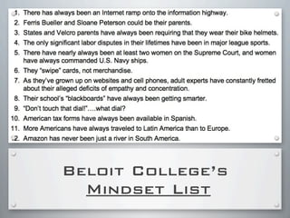 Beloit College’s
Mindset List
 
