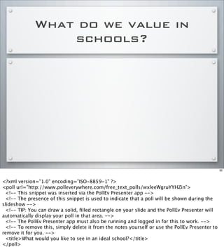 What do we value in
schools?
30
<?xml version="1.0" encoding="ISO-8859-1" ?>
<poll url="http://www.polleverywhere.com/free_text_polls/wxleeWgruYYHZin">
<!-- This snippet was inserted via the PollEv Presenter app -->
<!-- The presence of this snippet is used to indicate that a poll will be shown during the
slideshow -->
<!-- TIP: You can draw a solid, ﬁlled rectangle on your slide and the PollEv Presenter will
automatically display your poll in that area. -->
<!-- The PollEv Presenter app must also be running and logged in for this to work. -->
<!-- To remove this, simply delete it from the notes yourself or use the PollEv Presenter to
remove it for you. -->
<title>What would you like to see in an ideal school?</title>
</poll>
 