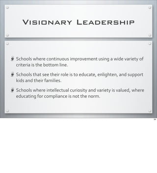 Schools	
  where	
  continuous	
  improvement	
  using	
  a	
  wide	
  variety	
  of	
  
criteria	
  is	
  the	
  bottom	
  line.
Schools	
  that	
  see	
  their	
  role	
  is	
  to	
  educate,	
  enlighten,	
  and	
  support	
  
kids	
  and	
  their	
  families.
Schools	
  where	
  intellectual	
  curiosity	
  and	
  variety	
  is	
  valued,	
  where	
  
educating	
  for	
  compliance	
  is	
  not	
  the	
  norm.	
  
Visionary Leadership
34
 