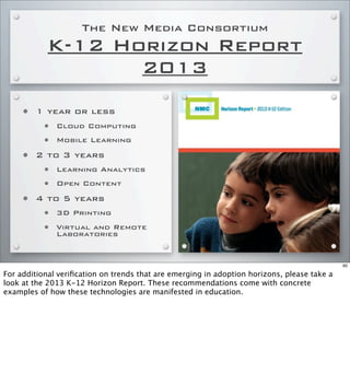 The New Media Consortium
K-12 Horizon Report
2013
• 1 year or less
• Cloud Computing
• Mobile Learning
• 2 to 3 years
• Learning Analytics
• Open Content
• 4 to 5 years
• 3D Printing
• Virtual and Remote
Laboratories
60
For additional veriﬁcation on trends that are emerging in adoption horizons, please take a
look at the 2013 K-12 Horizon Report. These recommendations come with concrete
examples of how these technologies are manifested in education.
 