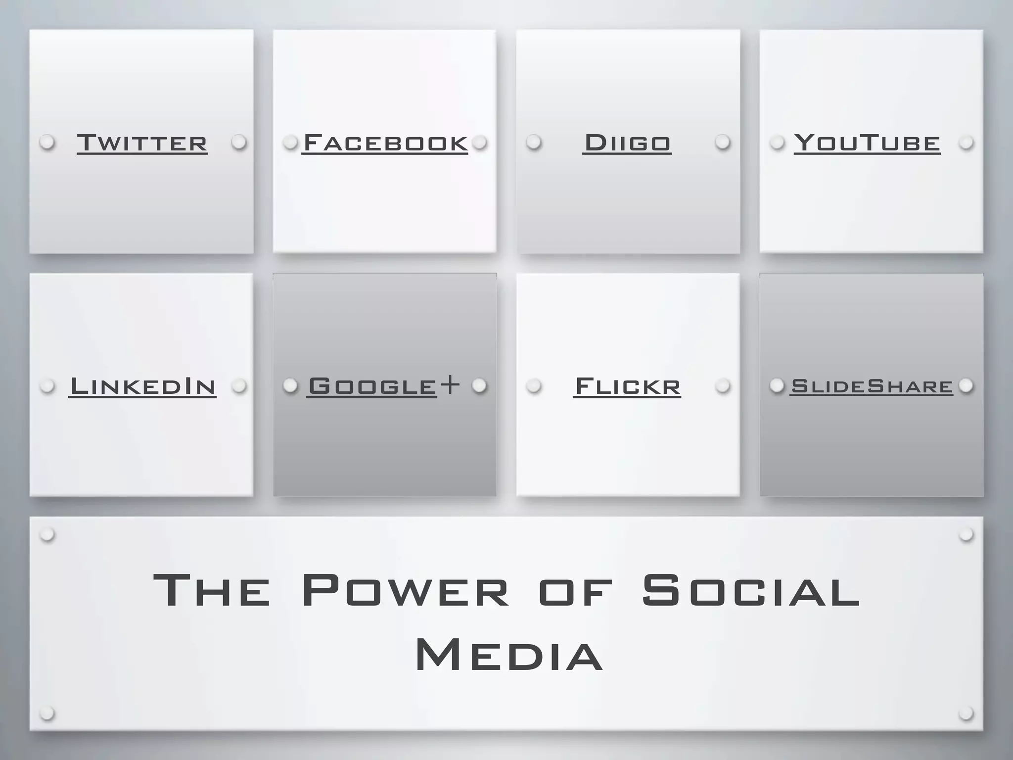 The Power of Social
Media
Flickr
YouTubeTwitter Facebook
LinkedIn Google+
Diigo
SlideShare
 