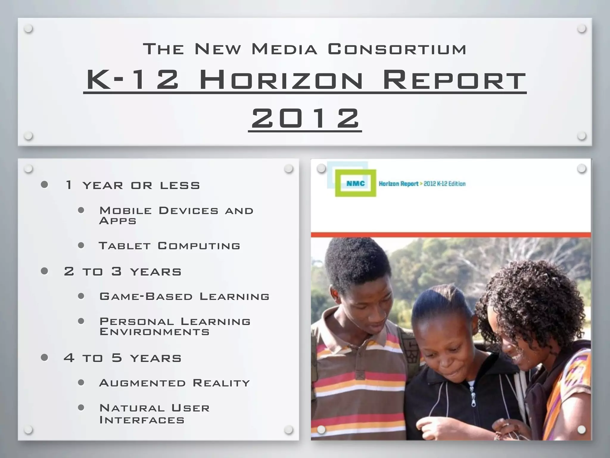 The New Media Consortium
K-12 Horizon Report
2012
• 1 year or less
• Mobile Devices and
Apps
• Tablet Computing
• 2 to 3 years
• Game-Based Learning
• Personal Learning
Environments
• 4 to 5 years
• Augmented Reality
• Natural User
Interfaces
 
