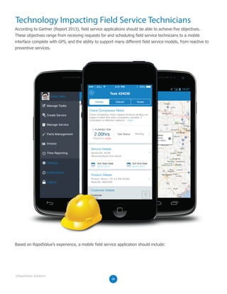 Technology Impacting Field Service Technicians
According to Gartner (Report 2013), field service applications should be able to achieve five objectives.
These objectives range from receiving requests for and scheduling field service technicians to a mobile
interface complete with GPS, and the ability to support many different field service models, from reactive to
preventive services.
Based on RapidValue’s experience, a mobile field service application should include:
08
©RapidValue Solutions
 