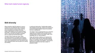 Copyright © 2022 Accenture. All rights reserved
When tech meets human ingenuity
When Accenture made the decision to move to
Google Cloud, the leadership team recognized
this would represent a major change, touching
all our processes and the skills of our team.
Indeed, data analytics is far from being all about
technology—it demands skill diversity and a data
culture—and we knew we needed to transform
how our people work with the technology.
The team chose to tackle the culture, talent
and change barriers to successful cloud adoption.
The focus was on preparing the teams to transition
to the cloud, assessing the current and desired cloud
skills, developing tailored learning paths and creating
and enabling
a continuous training plan. Transformation leaders
were selected across roles, locations and functions to
provide 360 degree feedback loops and accelerate
the time to development.
The Global IT team recognized that to be a cloud-first
organization we needed to shift our talent focus to
crafting analytics solutions that bridge Google Cloud
capabilities with our internal systems.
Today, skill diversity is helping us to implement the
right business cases that are making data analytics
shine in our company. We have more than 260 data
projects on the Google Cloud platform, more than 60
data science projects and we have created 75
predictive models.
Skill diversity
 
