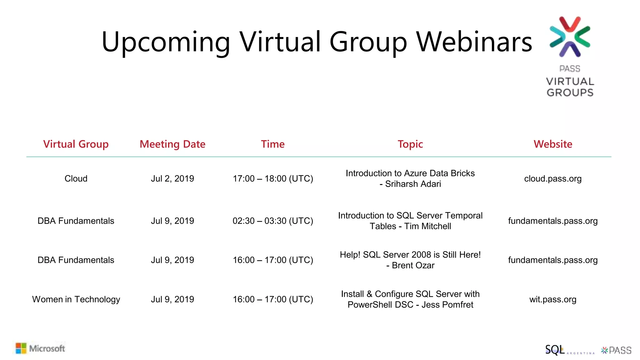 Virtual Group Meeting Date Time Topic Website
Cloud Jul 2, 2019 17:00 – 18:00 (UTC)
Introduction to Azure Data Bricks
- Sriharsh Adari
cloud.pass.org
DBA Fundamentals Jul 9, 2019 02:30 – 03:30 (UTC)
Introduction to SQL Server Temporal
Tables - Tim Mitchell
fundamentals.pass.org
DBA Fundamentals Jul 9, 2019 16:00 – 17:00 (UTC)
Help! SQL Server 2008 is Still Here!
- Brent Ozar
fundamentals.pass.org
Women in Technology Jul 9, 2019 16:00 – 17:00 (UTC)
Install & Configure SQL Server with
PowerShell DSC - Jess Pomfret
wit.pass.org
Upcoming Virtual Group Webinars
 