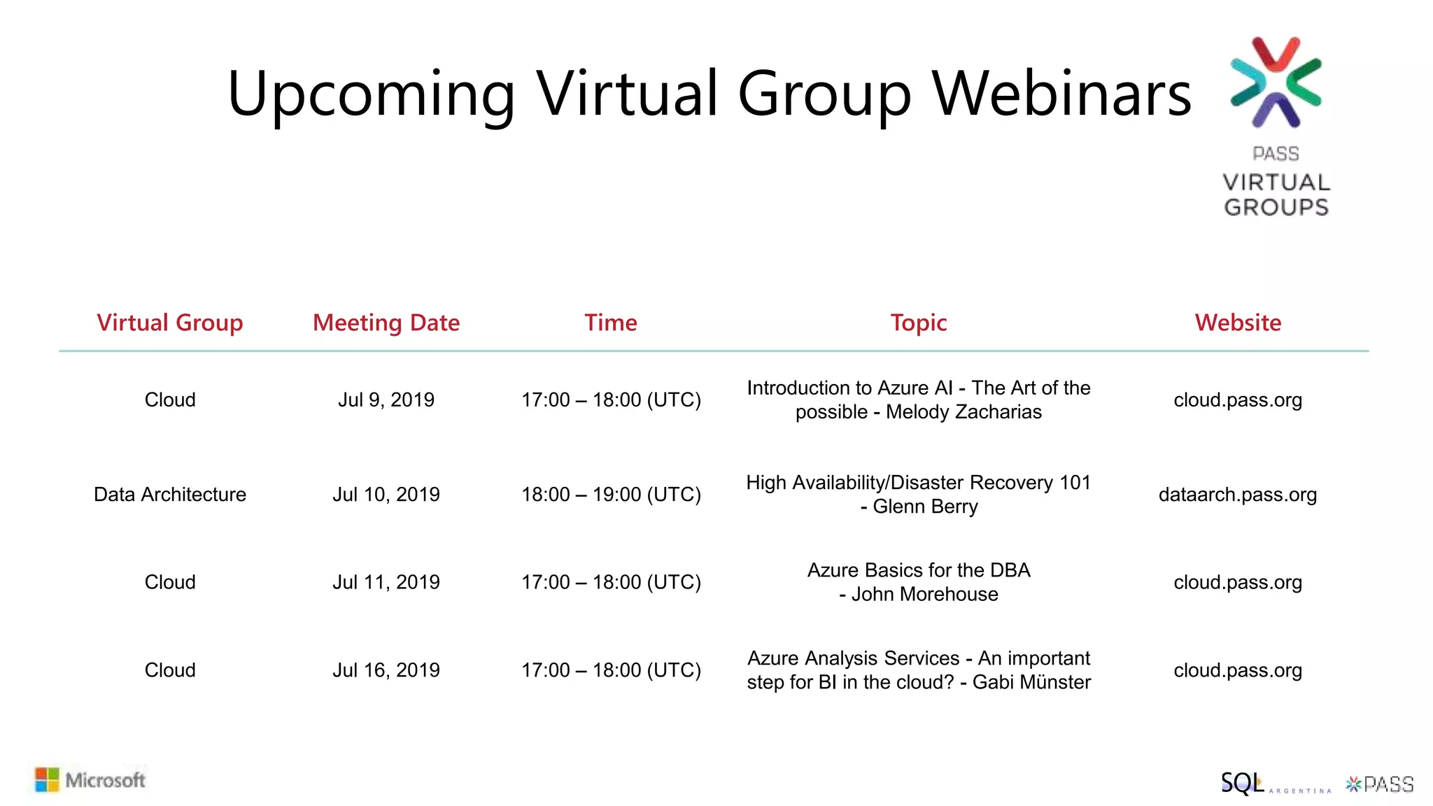 Virtual Group Meeting Date Time Topic Website
Cloud Jul 9, 2019 17:00 – 18:00 (UTC)
Introduction to Azure AI - The Art of the
possible - Melody Zacharias
cloud.pass.org
Data Architecture Jul 10, 2019 18:00 – 19:00 (UTC)
High Availability/Disaster Recovery 101
- Glenn Berry
dataarch.pass.org
Cloud Jul 11, 2019 17:00 – 18:00 (UTC)
Azure Basics for the DBA
- John Morehouse
cloud.pass.org
Cloud Jul 16, 2019 17:00 – 18:00 (UTC)
Azure Analysis Services - An important
step for BI in the cloud? - Gabi Münster
cloud.pass.org
Upcoming Virtual Group Webinars
 