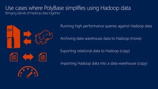 Bringing islands of Hadoop data together 
Running high performance queries against Hadoop data 
Archiving data warehouse data to Hadoop (move) 
Exporting relational data to Hadoop (copy) 
Importing Hadoop data into a data warehouse (copy) 
 