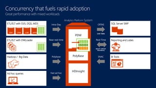 SQL Server SMP 
Reporting and cubes 
BI Tools 
Great performance with mixed workloads 
Analytics Platform System 
ETL/ELT with SSIS, DQS, MDS 
ERP CRM LOB APPS 
ETL/ELT with DWLoader 
Hadoop / Big Data 
PDW 
PolyBase 
HDInsight 
Ad hoc queries 
Intra-Day 
Near real-time 
Fast ad hoc 
Columnstore 
Polybase 
CRTAS 
Link Table 
Real-Time 
ROLAP / MOLAP 
DirectQuery 
SNAC 
 
