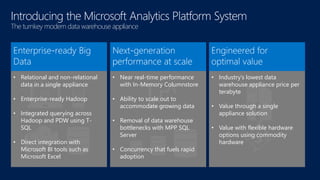 Introducing the Microsoft Analytics Platform System 
The turnkey modern data warehouse appliance 
• Relational and non-relational 
data in a single appliance 
• Enterprise-ready Hadoop 
• Integrated querying across 
Hadoop and PDW using T-SQL 
• Direct integration with 
Microsoft BI tools such as 
Microsoft Excel 
• Near real-time performance 
with In-Memory Columnstore 
• Ability to scale out to 
accommodate growing data 
• Removal of data warehouse 
bottlenecks with MPP SQL 
Server 
• Concurrency that fuels rapid 
adoption 
• Industry’s lowest data 
warehouse appliance price per 
terabyte 
• Value through a single 
appliance solution 
• Value with flexible hardware 
options using commodity 
hardware 
 
