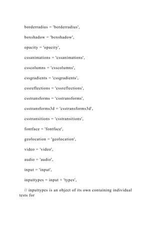 borderradius = 'borderradius',
boxshadow = 'boxshadow',
opacity = 'opacity',
cssanimations = 'cssanimations',
csscolumns = 'csscolumns',
cssgradients = 'cssgradients',
cssreflections = 'cssreflections',
csstransforms = 'csstransforms',
csstransforms3d = 'csstransforms3d',
csstransitions = 'csstransitions',
fontface = 'fontface',
geolocation = 'geolocation',
video = 'video',
audio = 'audio',
input = 'input',
inputtypes = input + 'types',
// inputtypes is an object of its own containing individual
tests for
 