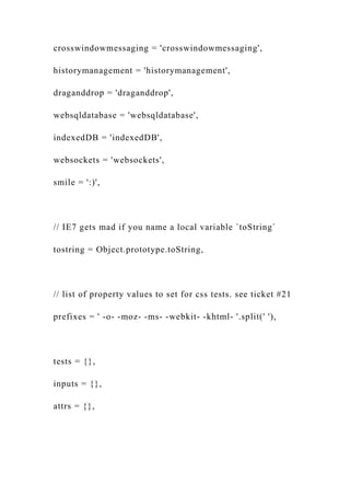 crosswindowmessaging = 'crosswindowmessaging',
historymanagement = 'historymanagement',
draganddrop = 'draganddrop',
websqldatabase = 'websqldatabase',
indexedDB = 'indexedDB',
websockets = 'websockets',
smile = ':)',
// IE7 gets mad if you name a local variable `toString`
tostring = Object.prototype.toString,
// list of property values to set for css tests. see ticket #21
prefixes = ' -o- -moz- -ms- -webkit- -khtml- '.split(' '),
tests = {},
inputs = {},
attrs = {},
 