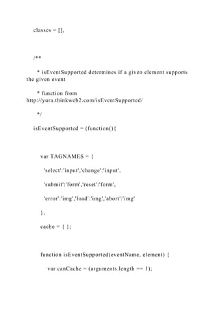 classes = [],
/**
* isEventSupported determines if a given element supports
the given event
* function from
http://yura.thinkweb2.com/isEventSupported/
*/
isEventSupported = (function(){
var TAGNAMES = {
'select':'input','change':'input',
'submit':'form','reset':'form',
'error':'img','load':'img','abort':'img'
},
cache = { };
function isEventSupported(eventName, element) {
var canCache = (arguments.length == 1);
 