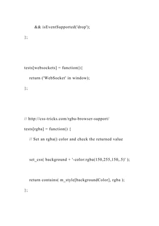 && isEventSupported('drop');
};
tests[websockets] = function(){
return ('WebSocket' in window);
};
// http://css-tricks.com/rgba-browser-support/
tests[rgba] = function() {
// Set an rgba() color and check the returned value
set_css( background + '-color:rgba(150,255,150,.5)' );
return contains( m_style[backgroundColor], rgba );
};
 