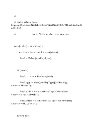 //
// codec values from :
http://github.com/NielsLeenheer/html5test/blob/9106a8/index.ht
ml#L845
// thx to NielsLeenheer and zcorpan
tests[video] = function() {
var elem = doc.createElement(video),
bool = !!elem[canPlayType];
if (bool){
bool = new Boolean(bool);
bool.ogg = elem[canPlayType]('video/ogg;
codecs="theora"');
bool.h264 = elem[canPlayType]('video/mp4;
codecs="avc1.42E01E"');
bool.webm = elem[canPlayType]('video/webm;
codecs="vp8, vorbis"');
}
return bool;
 