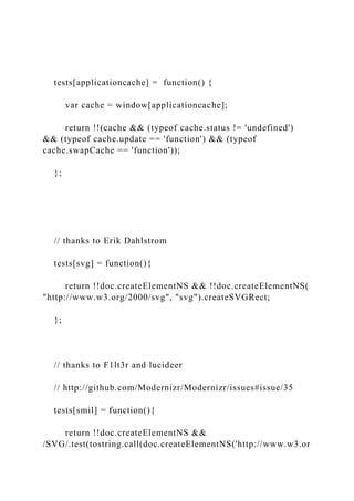 tests[applicationcache] = function() {
var cache = window[applicationcache];
return !!(cache && (typeof cache.status != 'undefined')
&& (typeof cache.update == 'function') && (typeof
cache.swapCache == 'function'));
};
// thanks to Erik Dahlstrom
tests[svg] = function(){
return !!doc.createElementNS && !!doc.createElementNS(
"http://www.w3.org/2000/svg", "svg").createSVGRect;
};
// thanks to F1lt3r and lucideer
// http://github.com/Modernizr/Modernizr/issues#issue/35
tests[smil] = function(){
return !!doc.createElementNS &&
/SVG/.test(tostring.call(doc.createElementNS('http://www.w3.or
 