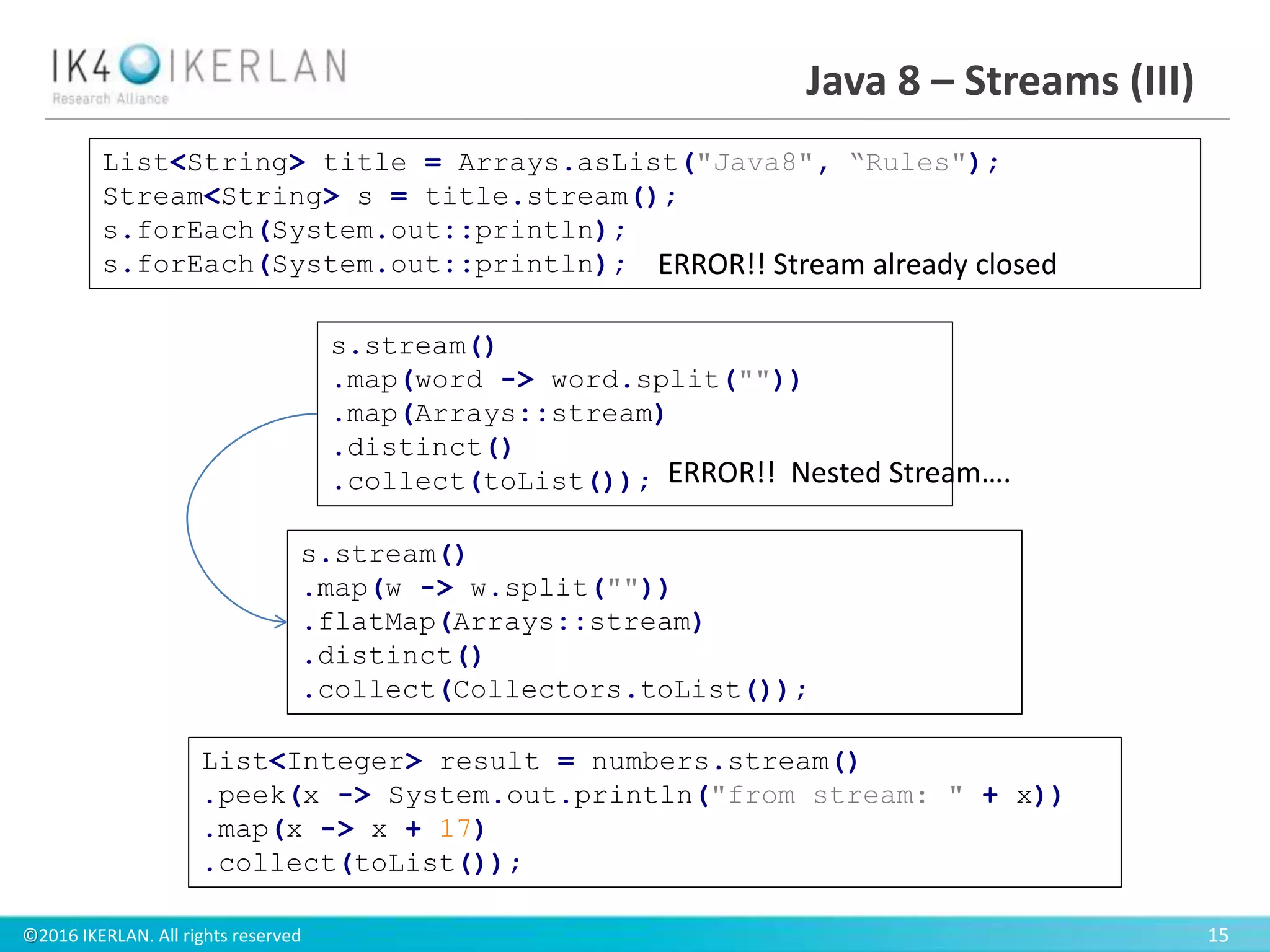 ©2016 IKERLAN. All rights reserved 15
Java 8 – Streams (III)
List<String> title = Arrays.asList("Java8", “Rules");
Stream<String> s = title.stream();
s.forEach(System.out::println);
s.forEach(System.out::println);
s.stream()
.map(w -> w.split(""))
.flatMap(Arrays::stream)
.distinct()
.collect(Collectors.toList());
s.stream()
.map(word -> word.split(""))
.map(Arrays::stream)
.distinct()
.collect(toList());
List<Integer> result = numbers.stream()
.peek(x -> System.out.println("from stream: " + x))
.map(x -> x + 17)
.collect(toList());
ERROR!! Stream already closed
ERROR!! Nested Stream….
 
