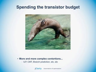 Spending the transistor budget




• More and more complex contortions...
   - ILP, CMT, Branch prediction, etc, etc
 