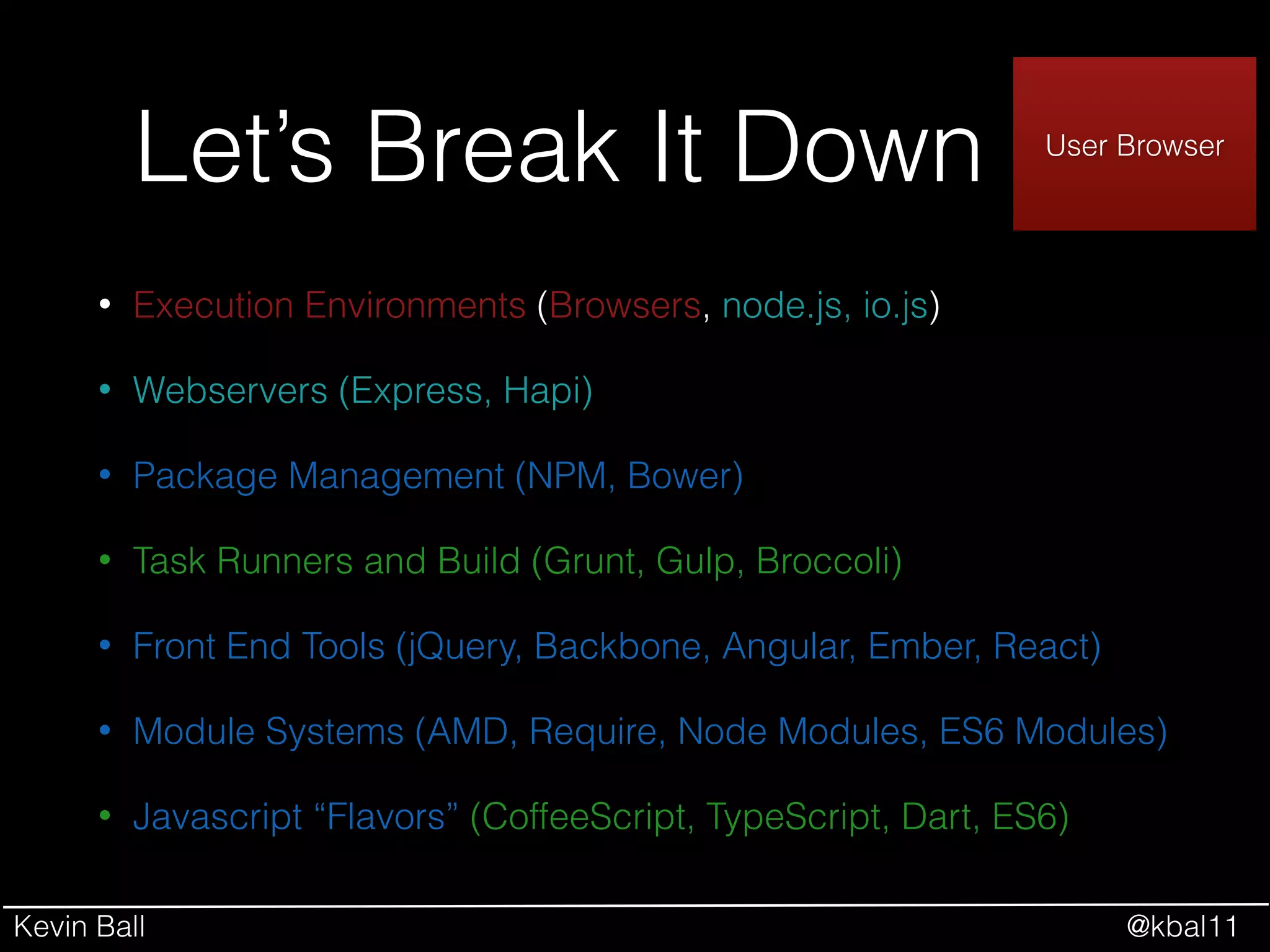 Kevin Ball @kbal11
• Execution Environments (Browsers, node.js, io.js)
• Webservers (Express, Hapi)
• Package Management (NPM, Bower)
• Task Runners and Build (Grunt, Gulp, Broccoli)
• Front End Tools (jQuery, Backbone, Angular, Ember, React)
• Module Systems (AMD, Require, Node Modules, ES6 Modules)
• Javascript “Flavors” (CoffeeScript, TypeScript, Dart, ES6)
Let’s Break It Down Your Application
Code
User Browser
 
