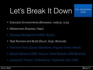 Kevin Ball @kbal11
Let’s Break It Down
• Execution Environments (Browsers, node.js, io.js)
• Webservers (Express, Hapi)
• Package Management (NPM, Bower)
• Task Runners and Build (Grunt, Gulp, Broccoli)
• Front End Tools (jQuery, Backbone, Angular, Ember, React)
• Module Systems (AMD, Require, Node Modules, ES6 Modules)
• Javascript “Flavors” (CoffeeScript, TypeScript, Dart, ES6)
Your Application
Code
 