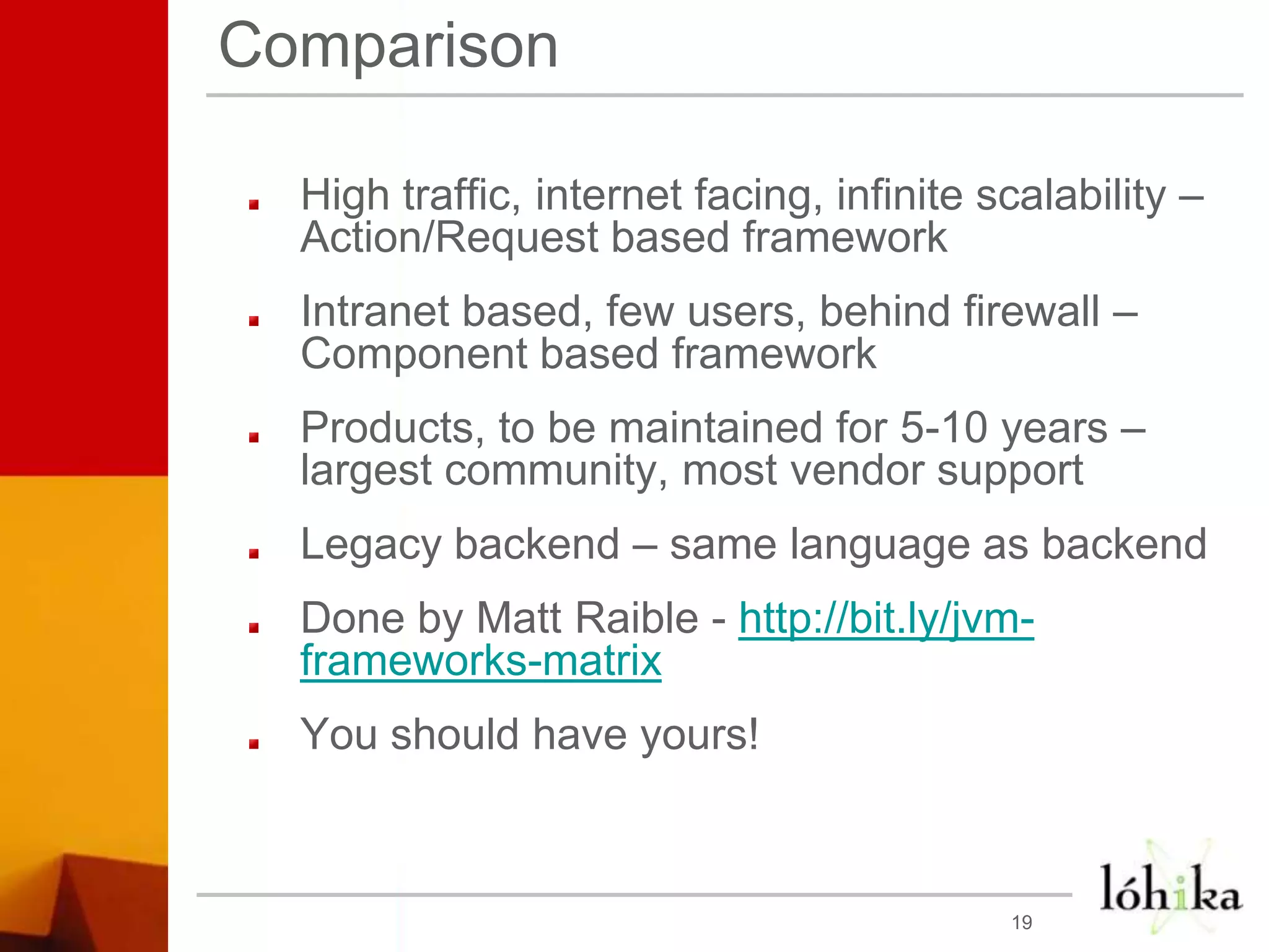 ComparisonHigh traffic, internet facing, infinite scalability – Action/Request based frameworkIntranet based, few users, behind firewall – Component based frameworkProducts, to be maintained for 5-10 years – largest community, most vendor supportLegacy backend – same language as backendDone by Matt Raible - http://bit.ly/jvm-frameworks-matrixYou should have yours!19