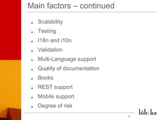 Main factors – continuedScalabilityTestingI18n and i10nValidationMulti-Language supportQuality of documentationBooksREST supportMobile supportDegree of risk18